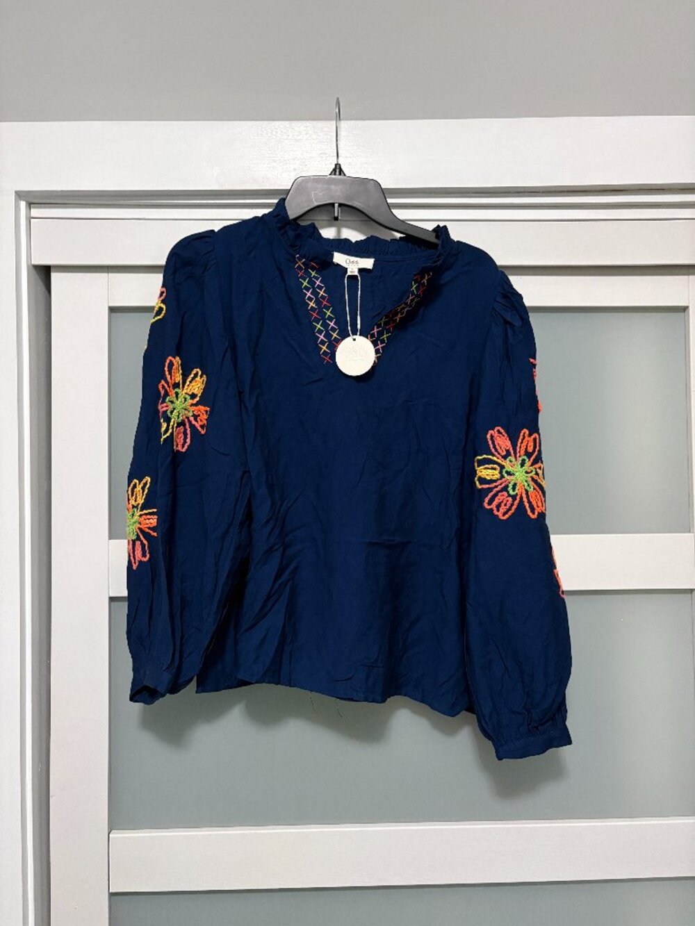Oddi Los Angeles Ladies l/s blouse Navy Bright Flowers sz S small NWT